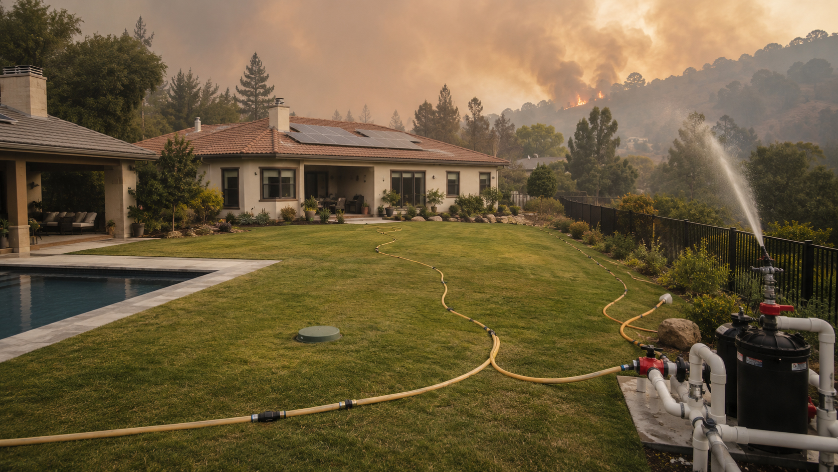 Backyard fire defense hose layout for pool water pumping