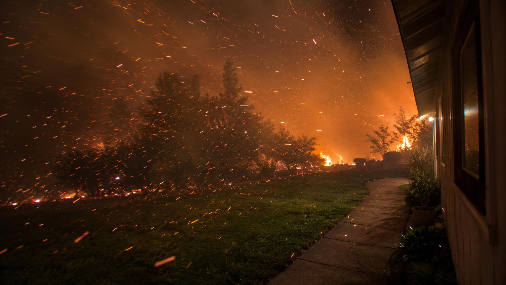 Camera view of approaching embers near a house during wildfire readiness