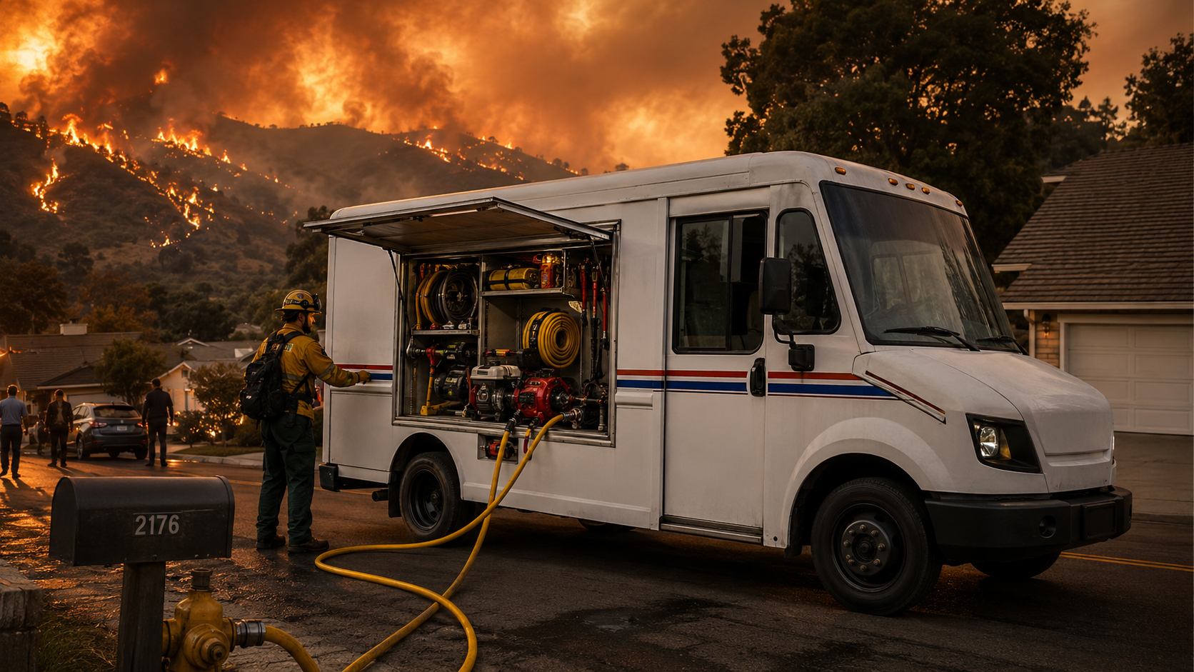 Electric postal-style truck imagined as a dual-use fire-readiness resource