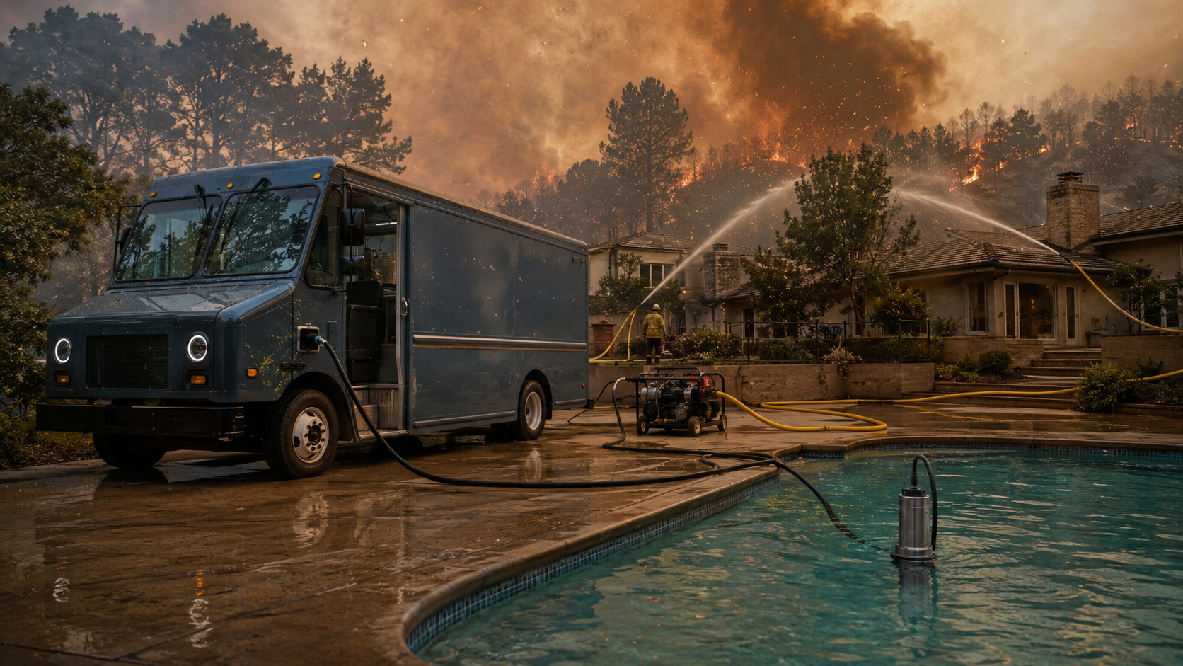 EV powering a pool pump for fire-readiness support at a wildfire-threatened home