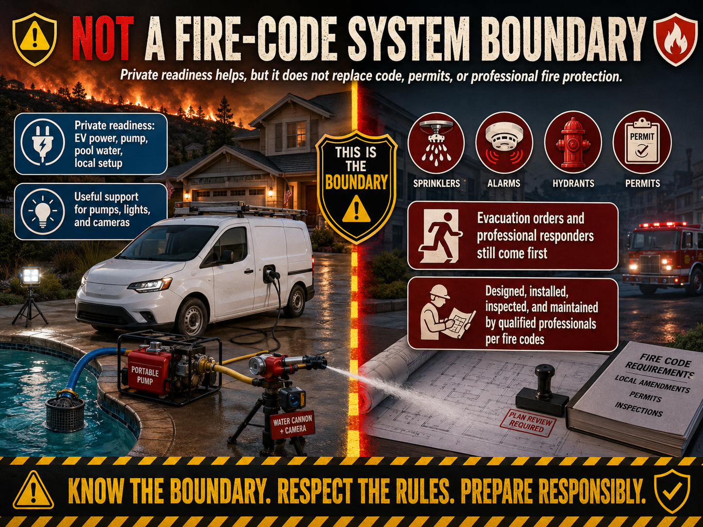Boundary diagram showing SolarFireTruck as not a fire-code system