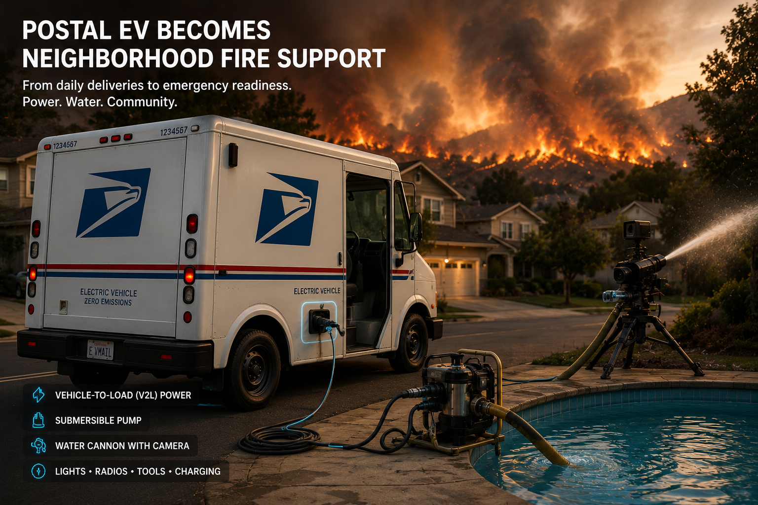Postal EV becoming neighborhood fire support with V2L power and equipment